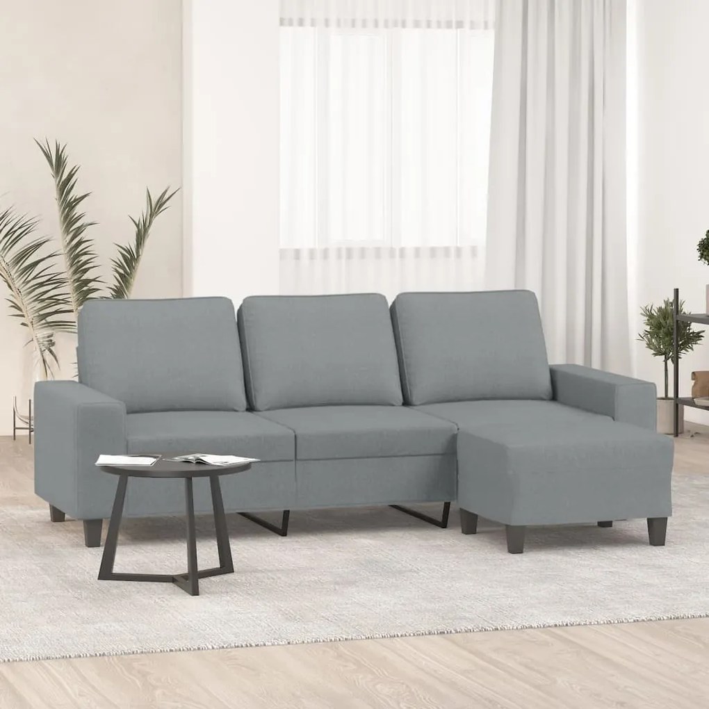 Sofá de 3 lugares com apoio de pés 180 cm tecido cinzento-claro