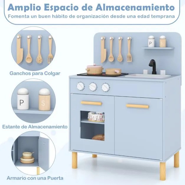 Cozinha de brincar infantil 55 x 31 x 75 cm com luzes, sons, fogão, forno e acessórios de madeira. Presente para crianças com mais de 3 anos. Azul