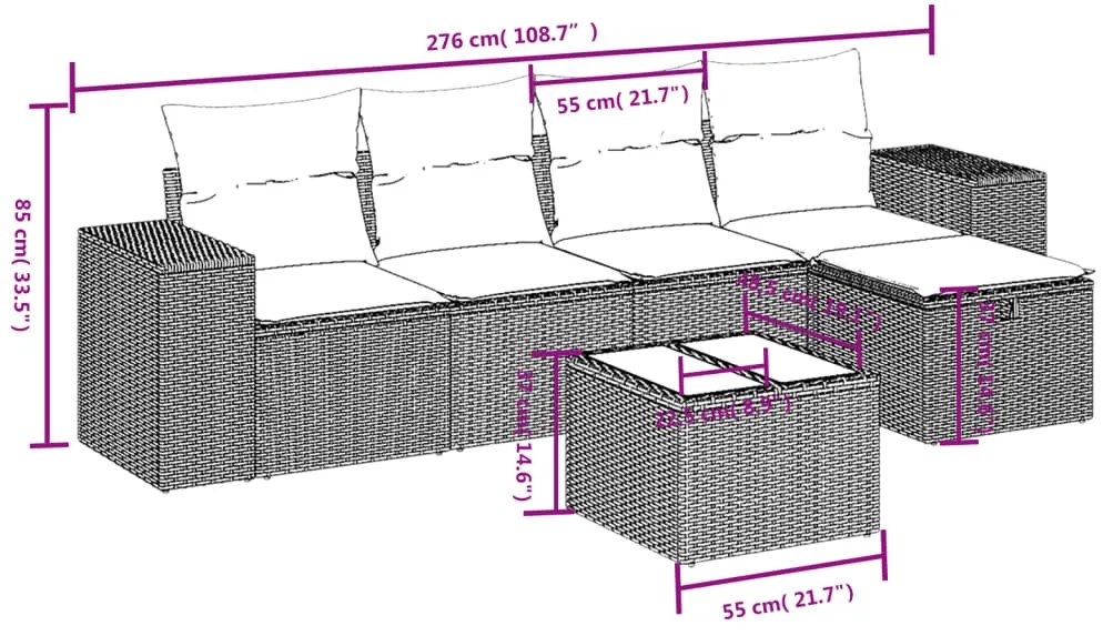 6 pcs conjunto sofás de jardim c/ almofadões vime PE preto