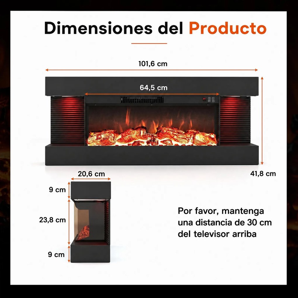 Lareira Elétrica de Encastrar com Vista Tripla, 101,6 x 20,6 x 41,8 cm, Chama Multinível, Preto