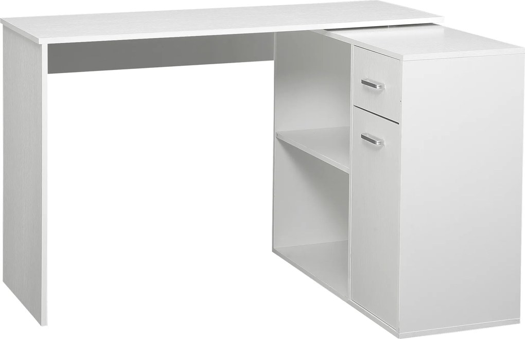 HOMCOM Secretária de Canto Giratória 180° com Estante e Gaveta 117x82x74 cm Branco | Aosom Portugal