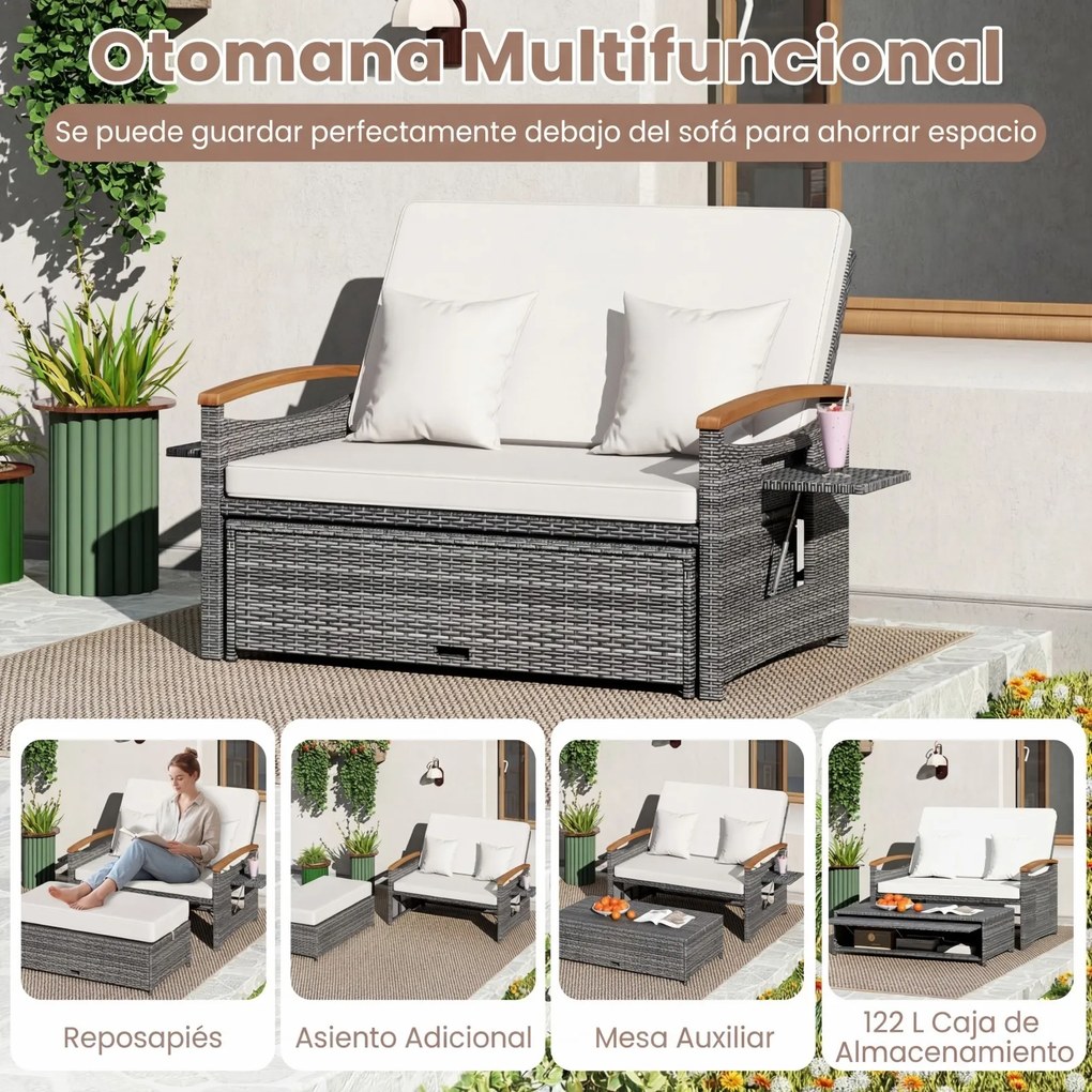 Conjunto de Sofá-Cama de Jardim com Otomano e Mesas Laterais, 164 x 72-111 x 54,5-88 cm, Encosto Ajustável em 4 Níveis, cinzento e Branco