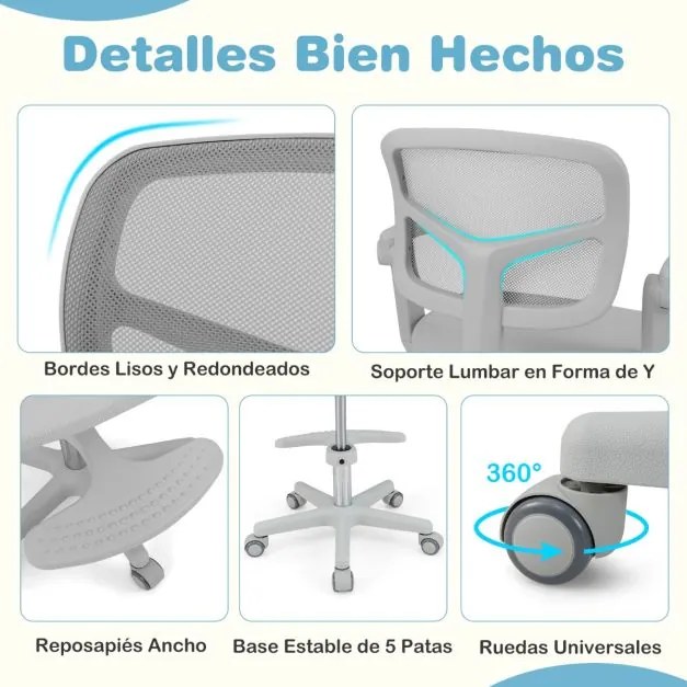 Cadeira de escritório para crianças com apoios de braços, apoio para os pés e rodas universais com altura ajustável 57 x 55 x 80-91 cm Cinza