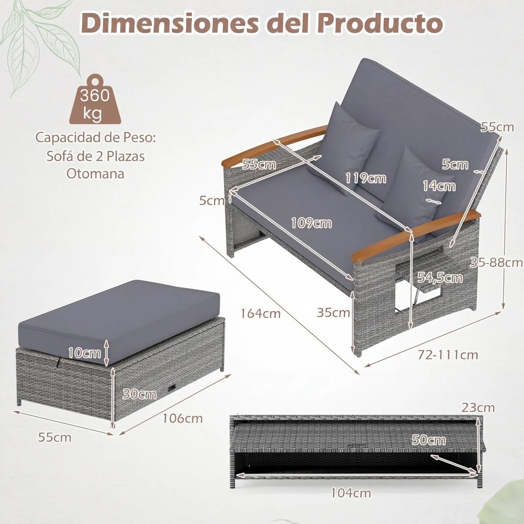 Conjunto de Sofá-Cama de Jardim de 2 Lugares, Otomana e 2 Mesas Laterais Dobráveis, 164 x 72-111 x 54,5-88 cm, Encosto Ajustável em 4 Níveis, Cinzento