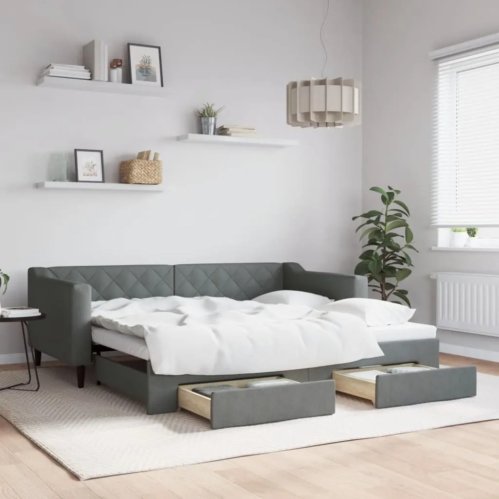 vidaXL Sofá-cama c/ gavetão e gavetas 90x190 cm tecido cinzento-escuro