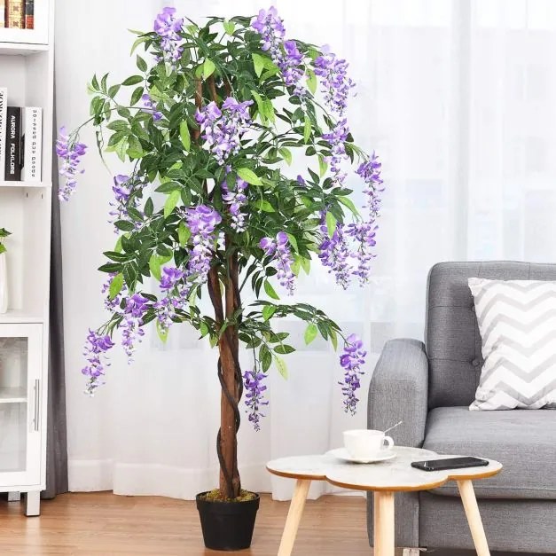 Flor artificial de glicínia 150 cm Planta decorativa em vaso roxo para interior.