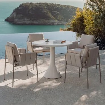 Set De Mesa Redonda Ø90 Cm Em Cimento E Fibra De Vidro Melody E 4 Cadeiras De Jardim Com Braços Estofadas E Em Aço Zunika Moka Brown - Sklum
