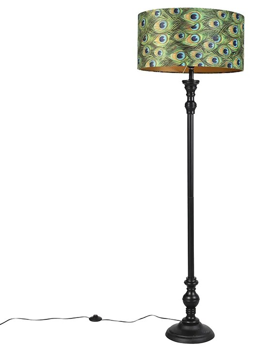 Candeeiro de pé preto com abajur em veludo azul-petróleo dourado 50 cm - Classico