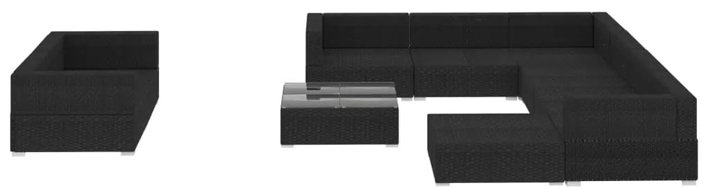 10 pcs conjunto lounge de jardim c/ almofadões vime PE preto