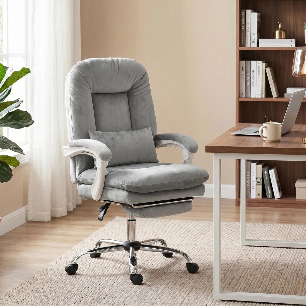 Cadeira de escritório ergonómica, cadeira de escritório reclinável em veludo com apoio lombar, altura ajustável, cinzento claro