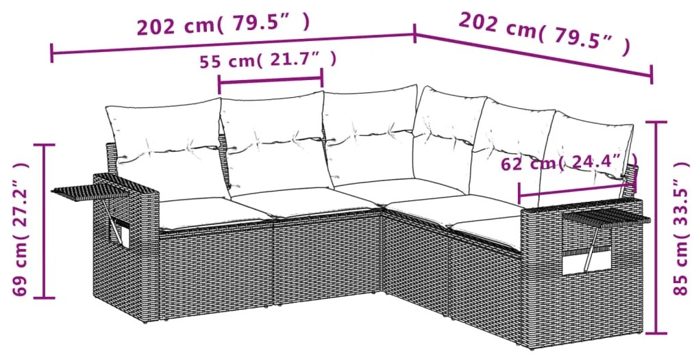 5 pcs conjunto sofás de jardim c/ almofadões vime PE cinzento