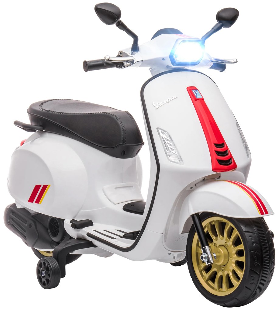 Aiyaplay Moto Elétrica para Crianças Licenciada Vespa com Rodas Farol e Música em PP e Metal 107x47x73 cm Branco | Aosom Portugal