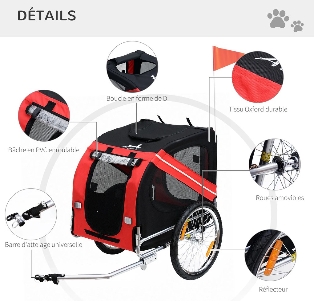 Reboque de bicicleta para cães e animais de estimação 130 L x 73 L x 90 A cm,, com 8 refletores, bandeira e barra de engate incluída, em aço e poliést
