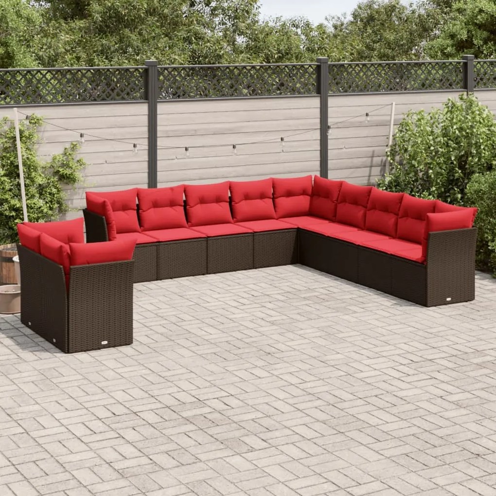 vidaXL 11 pcs conjunto sofás de jardim c/ almofadões vime PE castanho