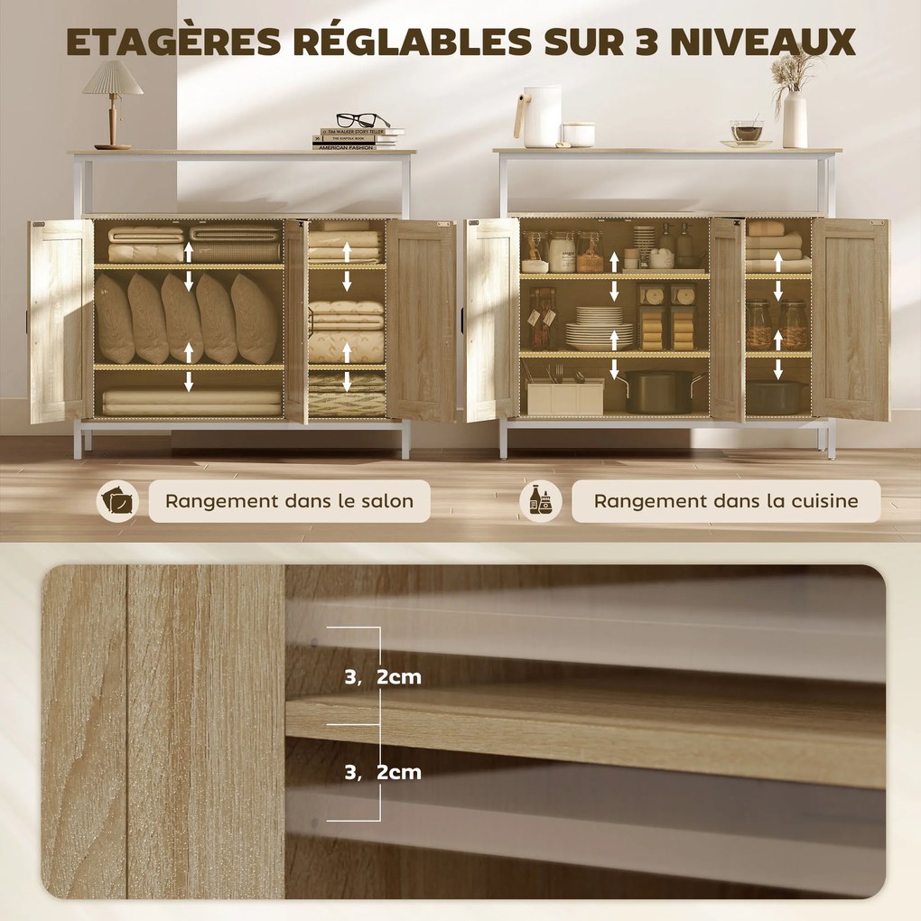 Aparador 100 x 35 x 88 cm, móvel de arrumação de cozinha ou sala com 3 portas, compartimento aberto e 4 prateleiras ajustáveis, madeira cor natural