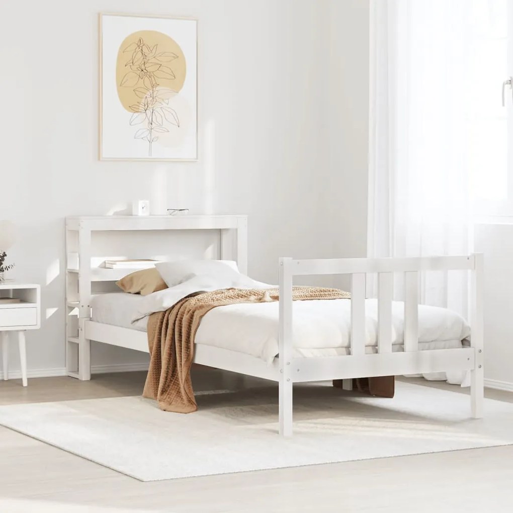 Estrutura de cama com cabeceira 100x200cm pinho maciço branco