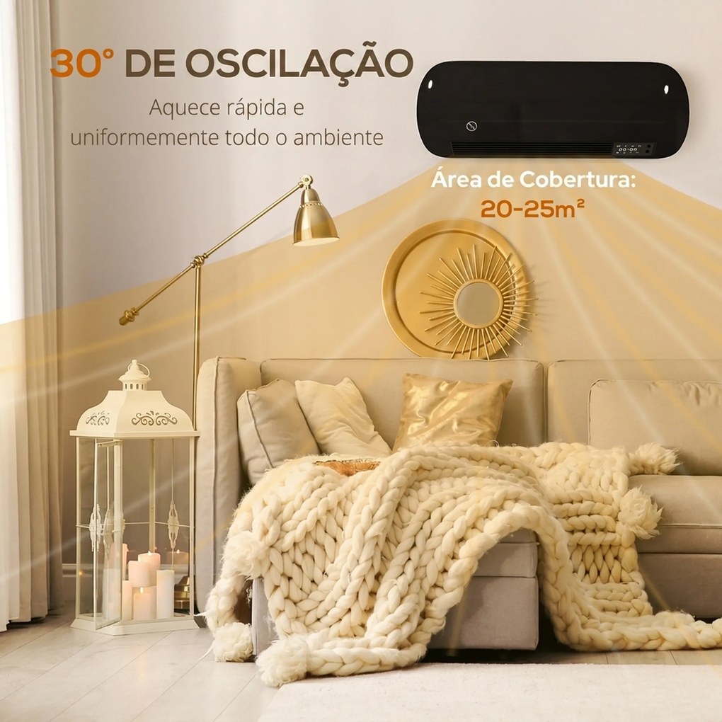 Aquecedor Elétrico de Parede 2000 W com 3 Modos Ecrã LED Termóstato Temporizador e Oscilação Preto