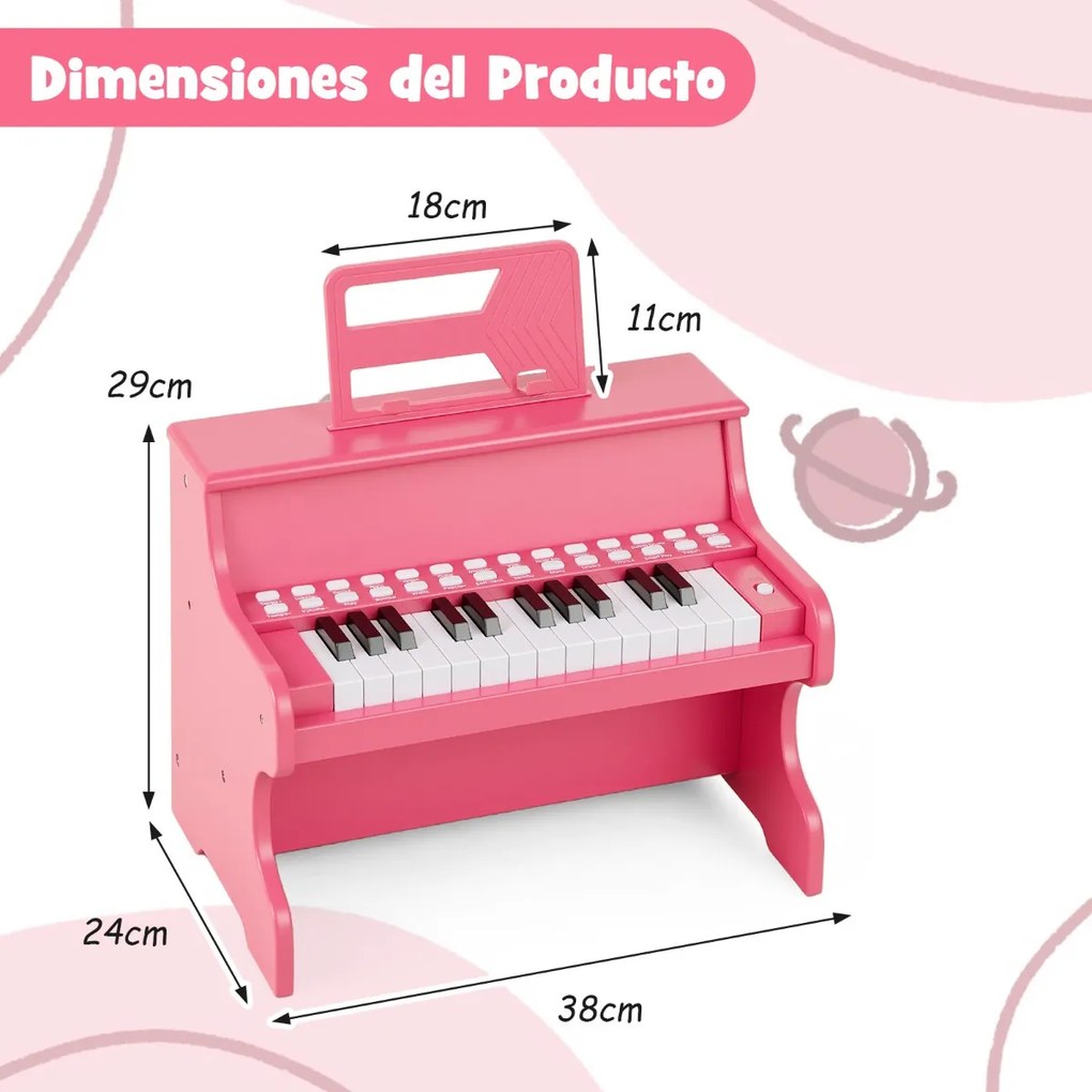 Piano de brincar com 25 teclas para crianças 38 x 24 x 29 cm, com suporte e modo de aprendizagem, velocidade e volume ajustáveis, design em madeira Ro