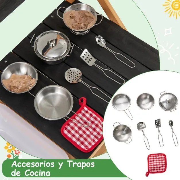 Cozinha de brincar para parede/balcão Cozinha de brinquedo em madeira de abeto com ganchos e lava-loiça de ardósia Acessórios de exterior para criança