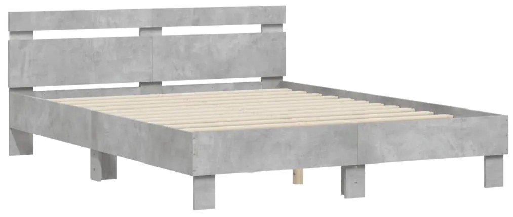 Estrutura cama cabeceira e luzes LED 150x200cm cinzento cimento