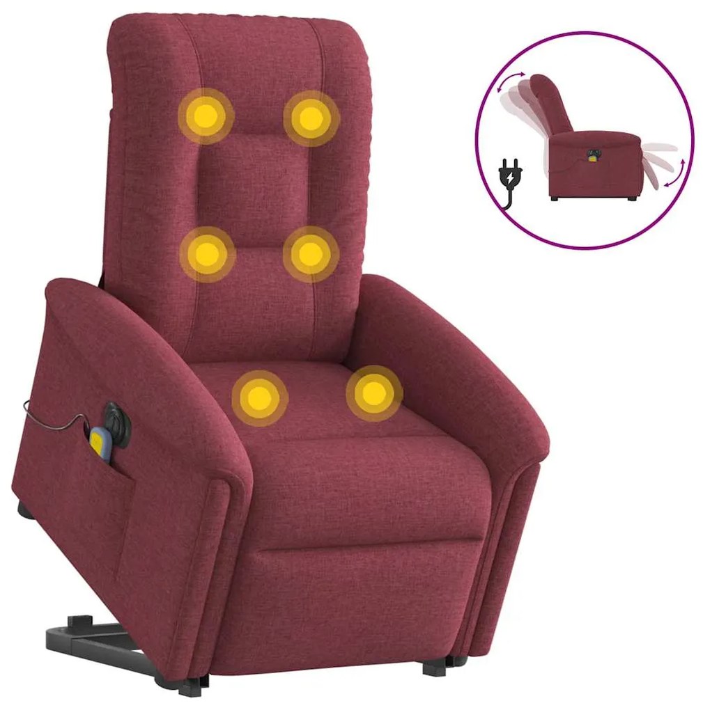 vidaXL Poltrona elevatória de massagens elétrica tecido vermelho tinto