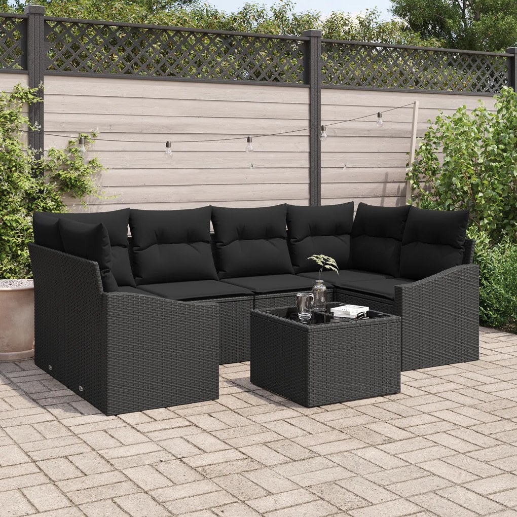 Conjunto de Jantar de Jardim com 7 Peças e Almofadas em Rattan Preto