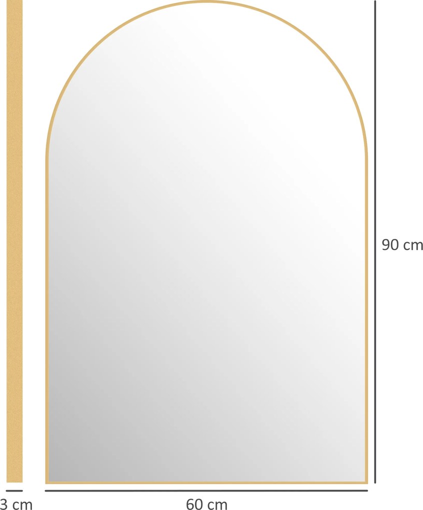 Espelho de parede arqueado com moldura em liga de alumínio 60 × 90 cm, dourado