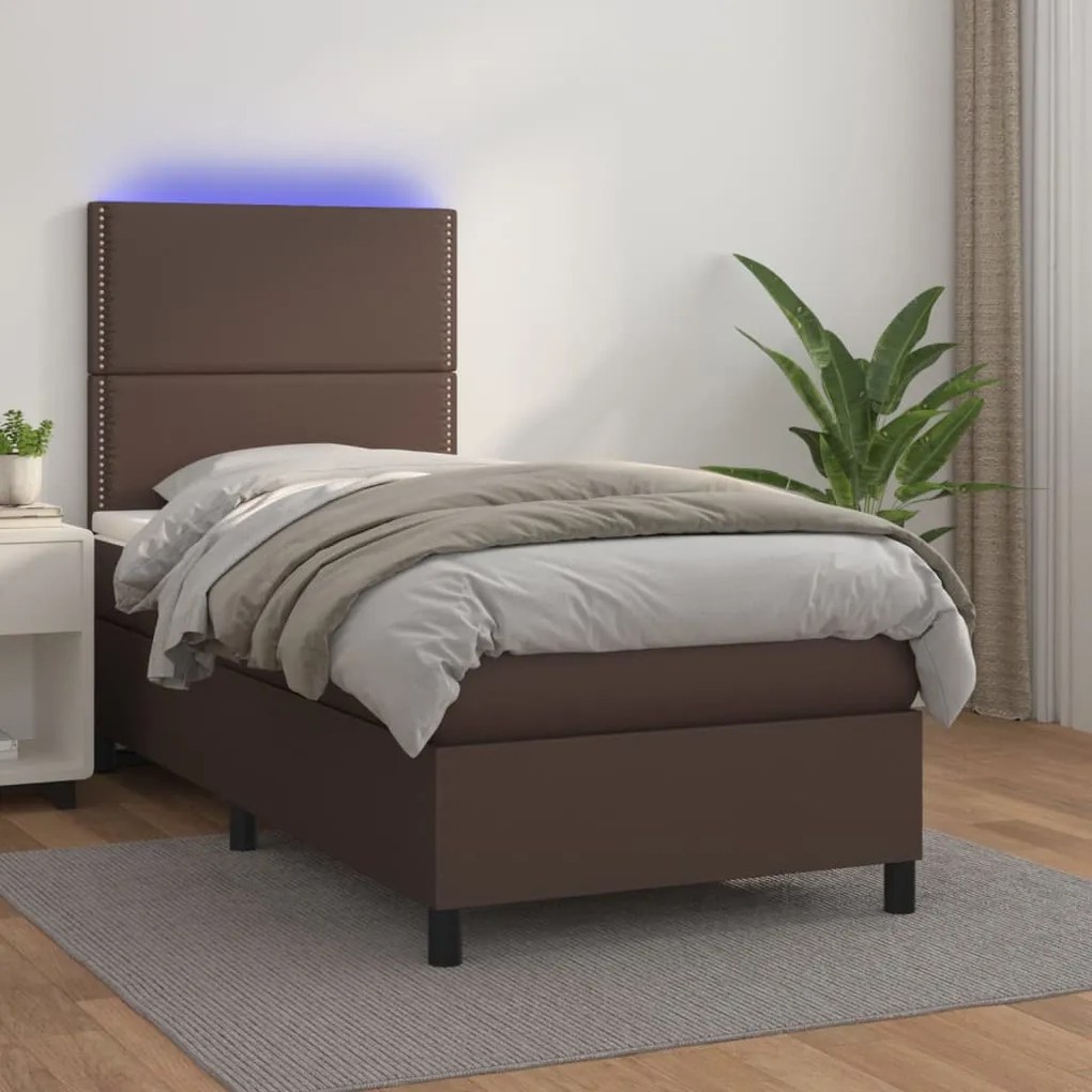vidaXL Cama box spring c/ colchão/LED 80x200 cm couro artif. castanho