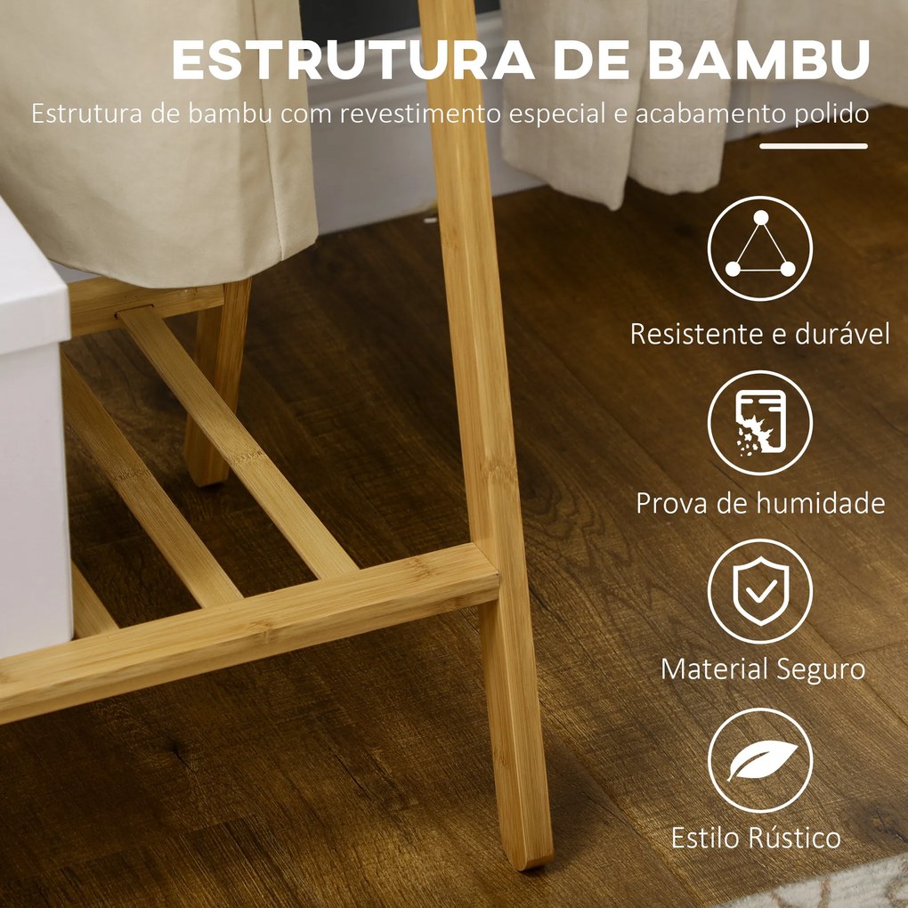 HOMCOM Suporte para Cabides de Bambu Porta Cabides com Prateleira para Sapatos 2 Barras e 2 Ganchos para Corredor Entrada Dormitório 74x42x150 cm Madeira