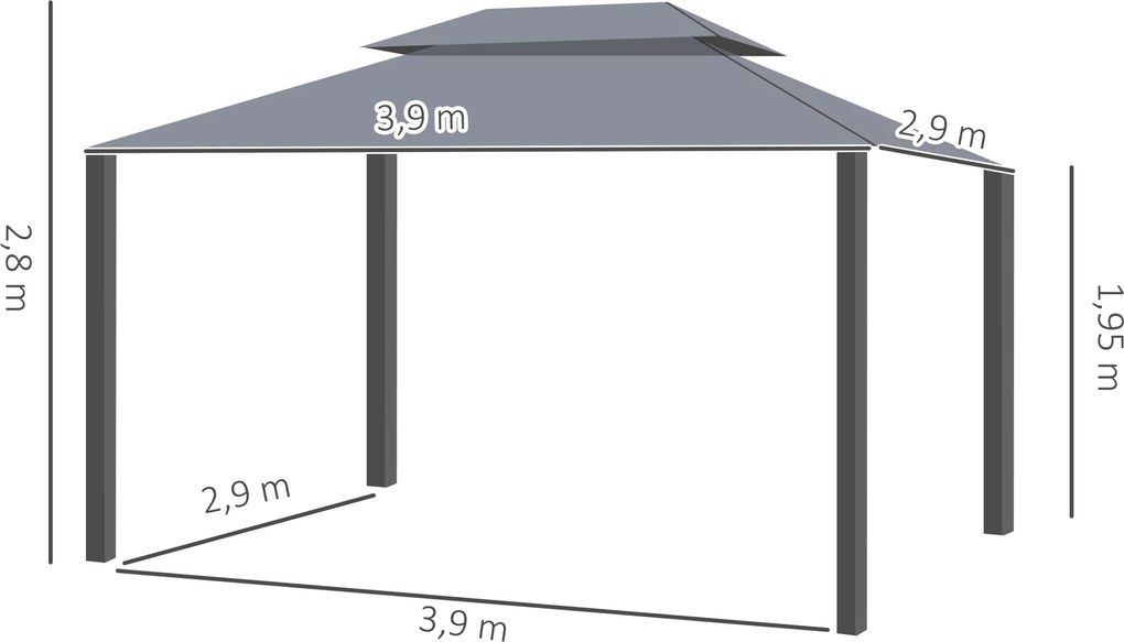 Tenda de Jardim 4x3m Pavilhão com Telhado Duplo Estrutura de Alumínio UPF50+ para Exterior Cinzento