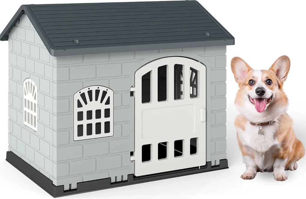 Casota de plástico para cães com 3 janelas e porta com fechadura, telhado inclinado, para interior e exterior, 75 x 58 x 65 cm, Cinzento