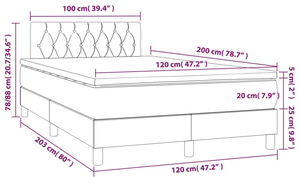 Cama boxspring com colchão 120x200 cm veludo azul-escuro