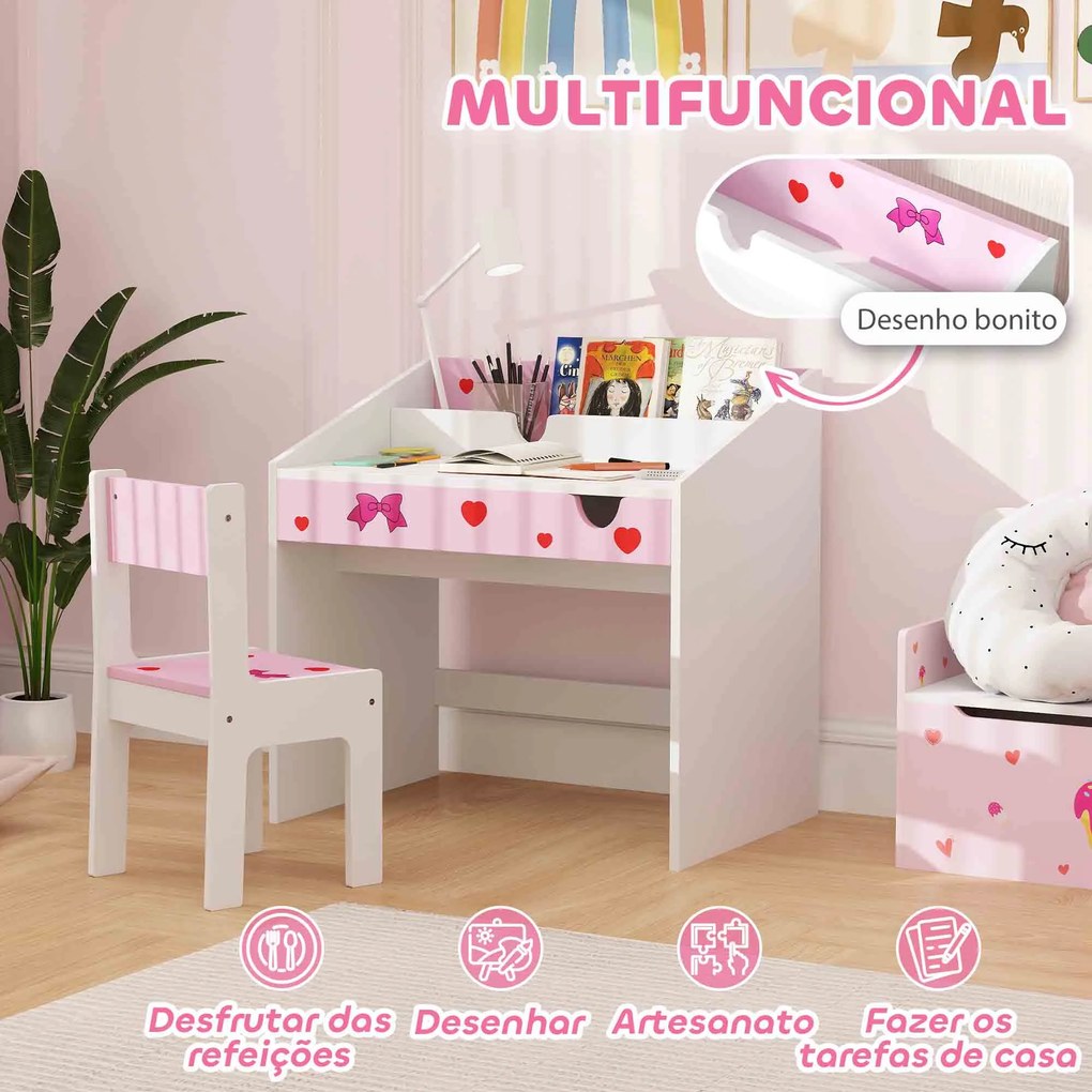 Conjunto de Secretária e Cadeira para Crianças com Gaveta Amovível e Compartimento para Dormitório Sala de Jogos Rosa e Branco