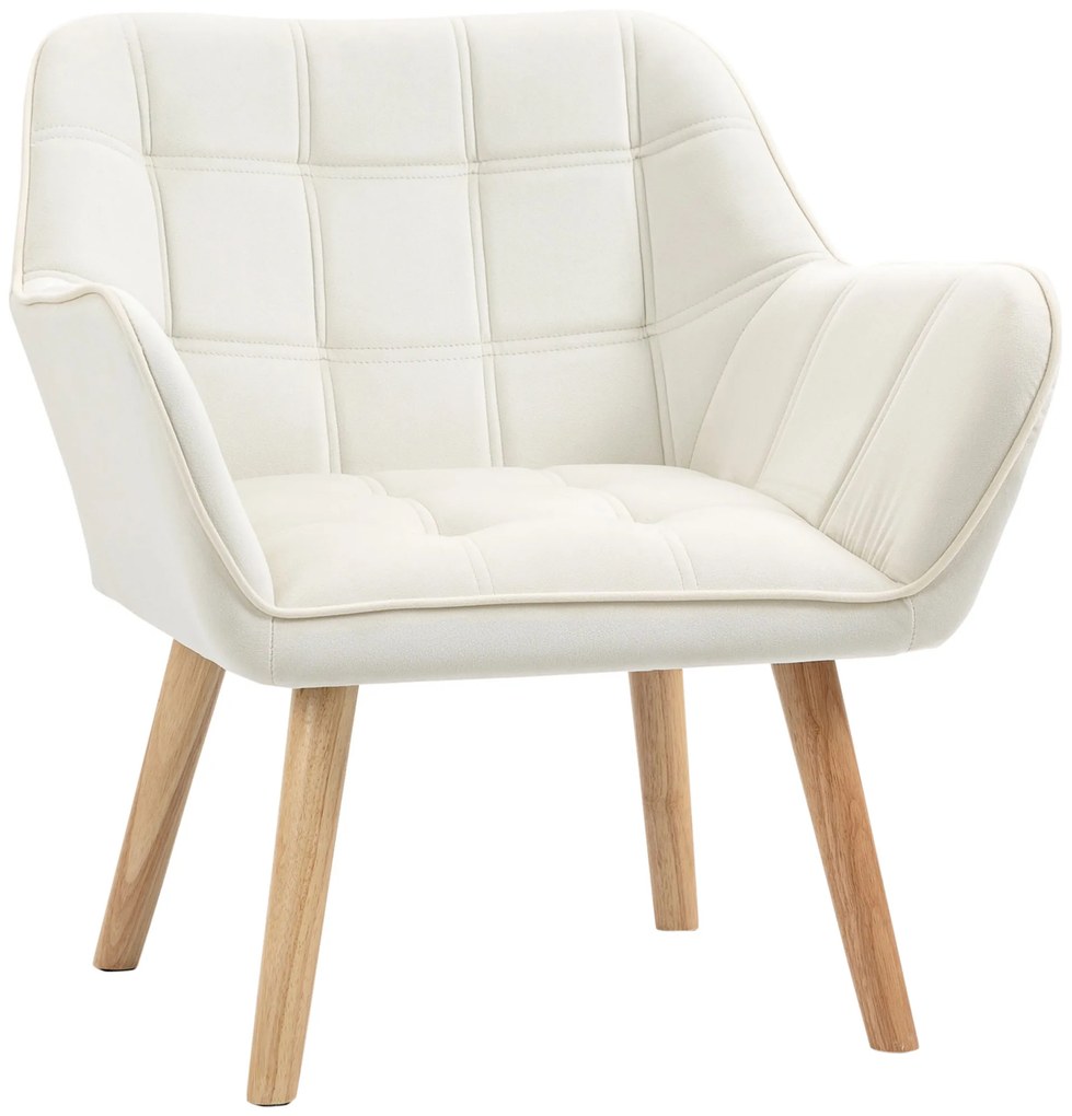 Poltrona Moderna Poltrona de Leitura Estofada em Veludo com Assento Amplo Pés em Madeira 67x61,5x71 cm Creme