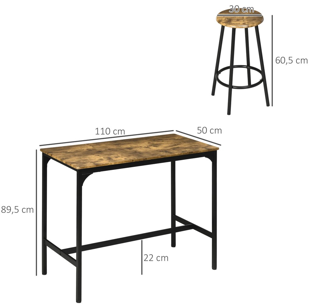 Conjunto de Móveis Altos de Bar com 5 Peças Mesa de Refeição Industrial e 4 Bancos Redondos Castanho Rústico e Preto