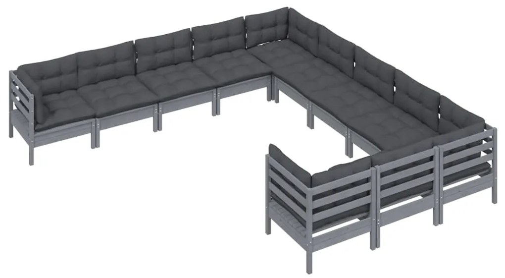 11 pcs conjunto lounge de jardim c/ almofadões pinho cinza