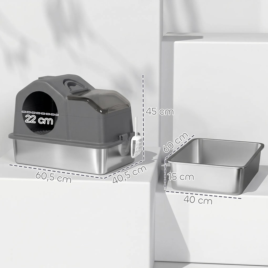 Caixa de Areia para Gatos Fechada XL em Aço Inox com Tampa, Pá, Tapete Recolhedor de Areia, Cinzento Scuro