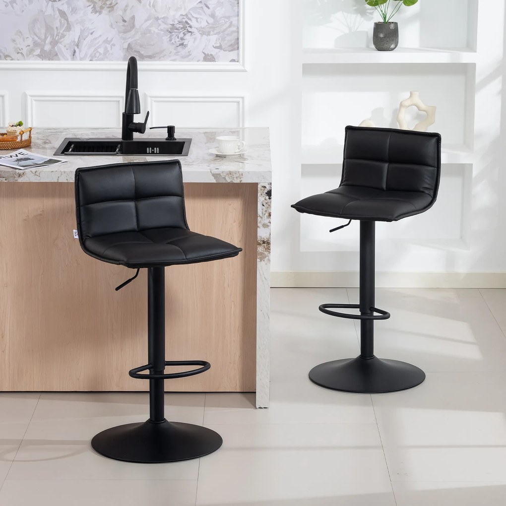 Conjunto de 2 bancos de bar, bancos de bar com altura ajustável e assento giratório em PU, 44 x 45 x 85-106 cm, preto