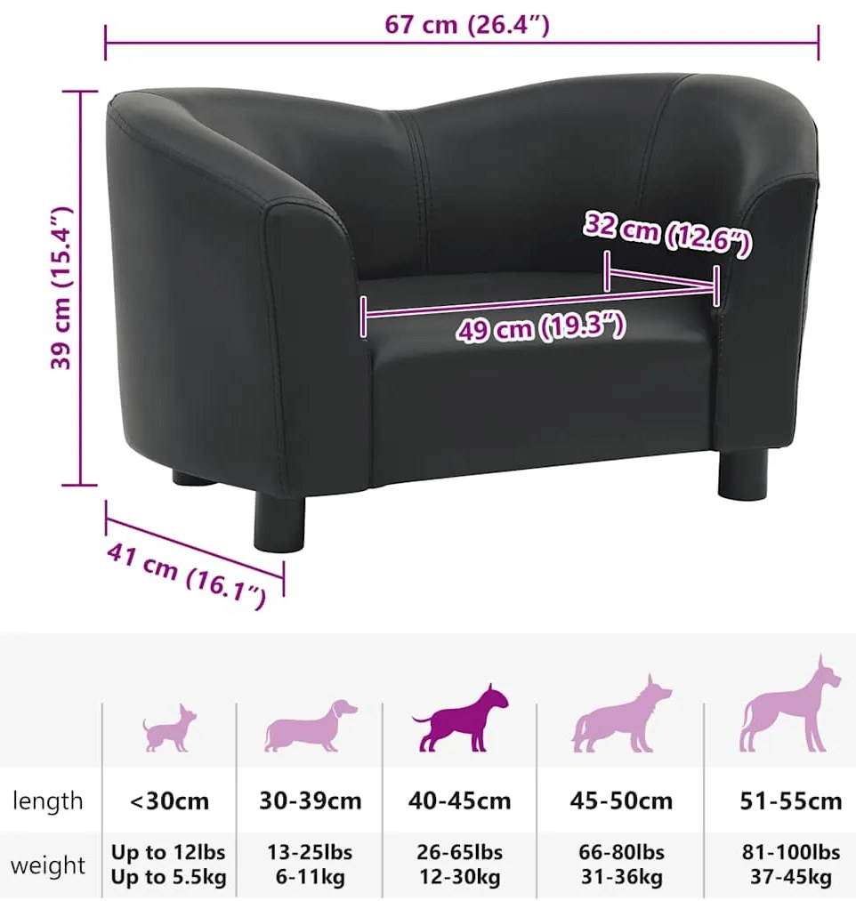 Sofá para cães 67x41x39 cm couro artificial preto
