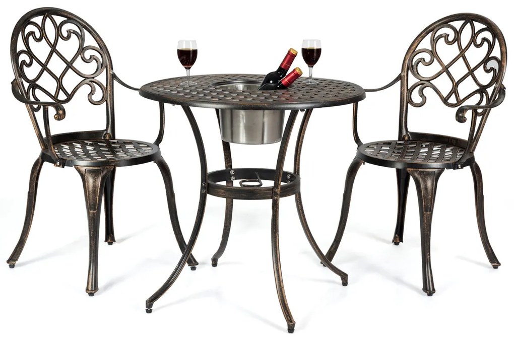 Conjunto de 3 peças de alumínio fundido para mesa de bistrô ao ar livre e 2 cadeiras de bistrô com balde de gelo amovível resistente Bronze