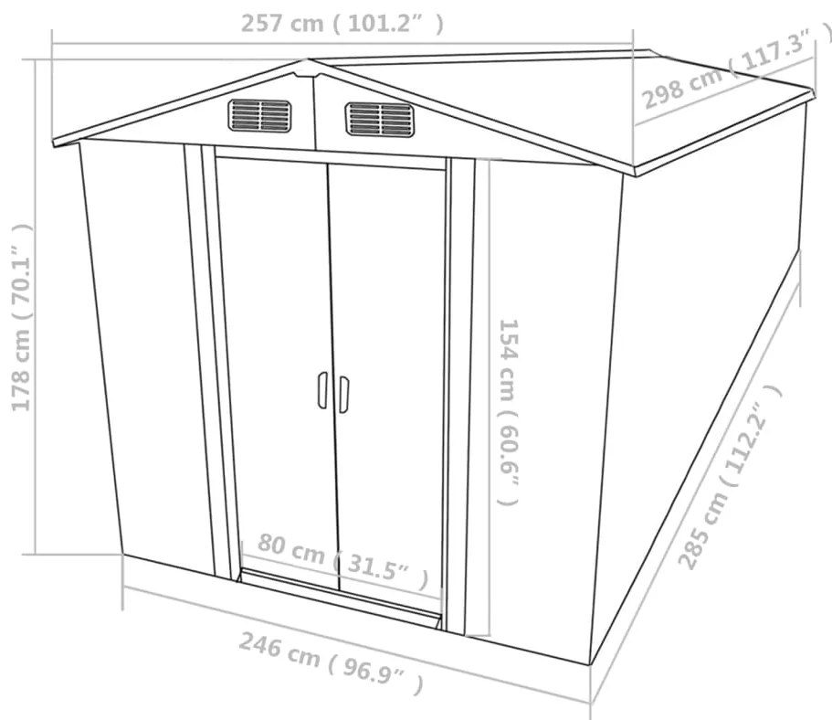 Abrigo de jardim 257x298x178 cm metal cinzento