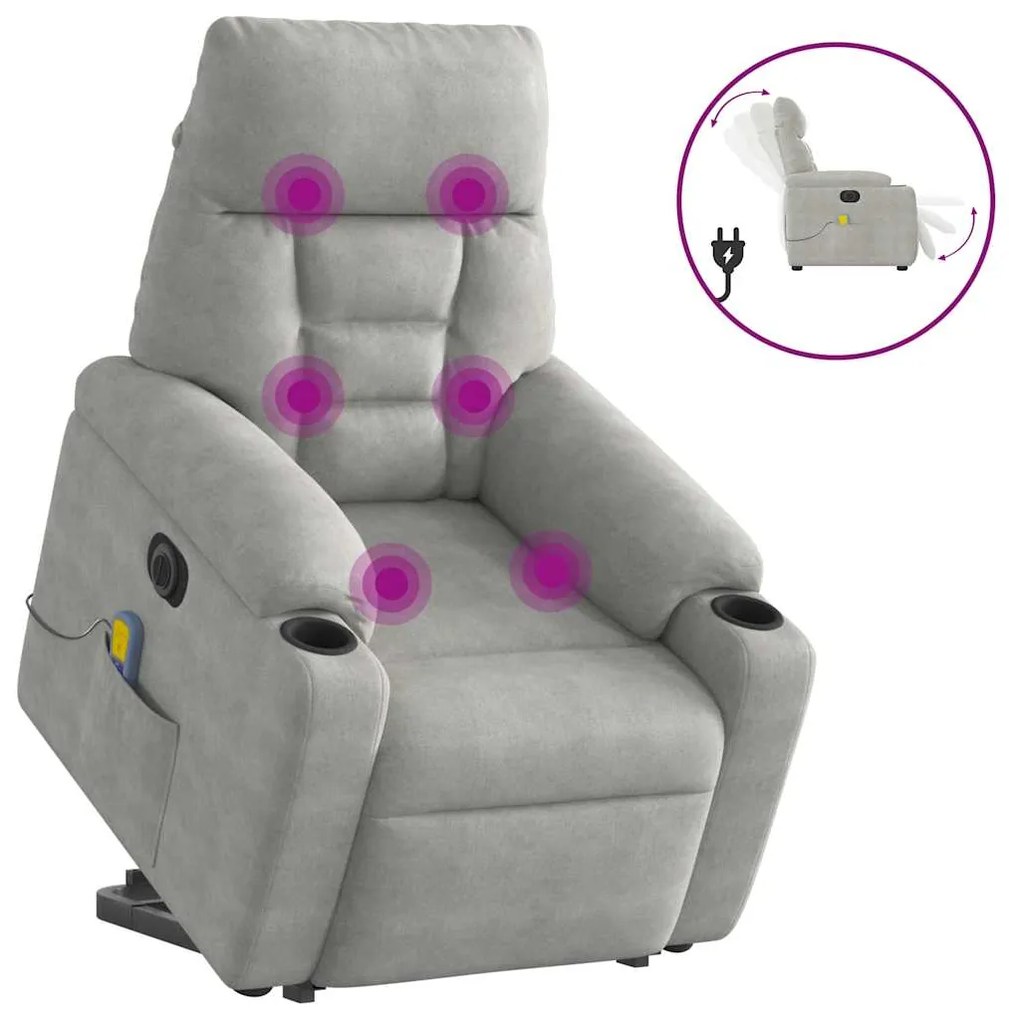 vidaXL Poltrona massagens elétrica elevatória microfibra cinza-claro