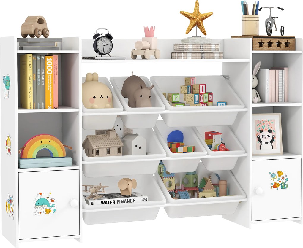 Móvel de arrumação infantil 140 x 30 x 90 cm, estante para brinquedos com 8 caixas removíveis, branco