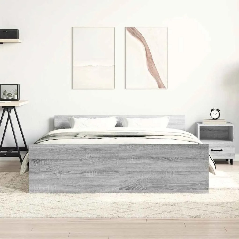 Estrutura de cama c/ painéis de cabeceira e pés cinzento sonoma