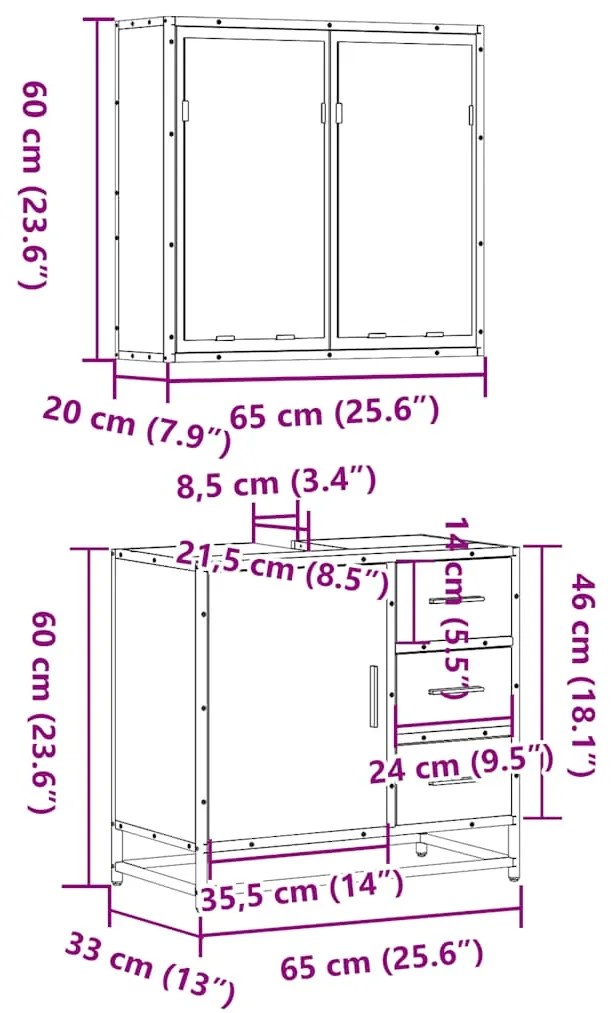 2 pcs conjunto móveis WC derivados de madeira sonoma cinza