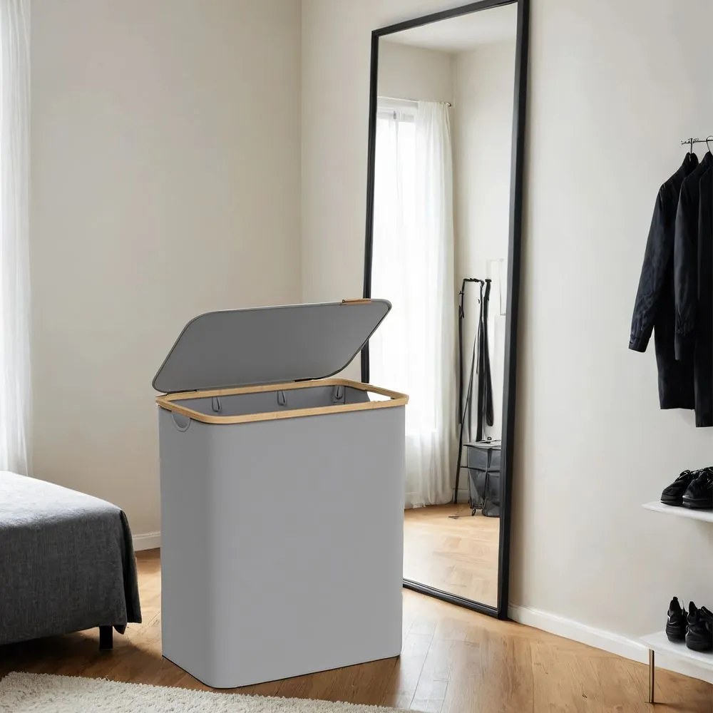 Cesto de bambu para roupa suja de 150 litros com 3 compartimentos 60 x 38,5 x 70,5 cm cinzento