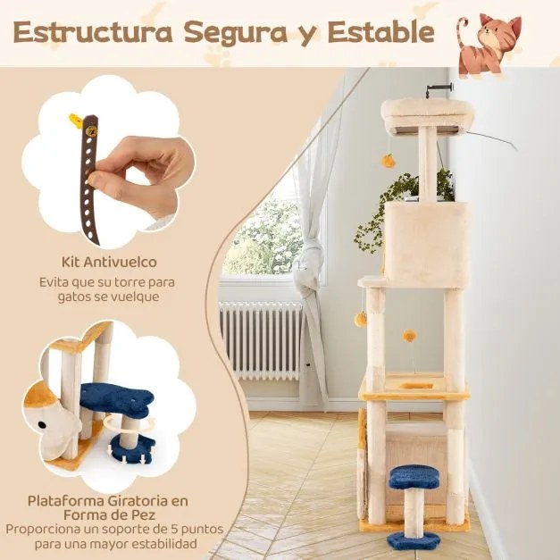 Arranhador para Gatos 85 x 42 cm x 159 cm com 2 Casas Percha de Pelúcia Removível Postes de Sisal para Arranhar Amarelo