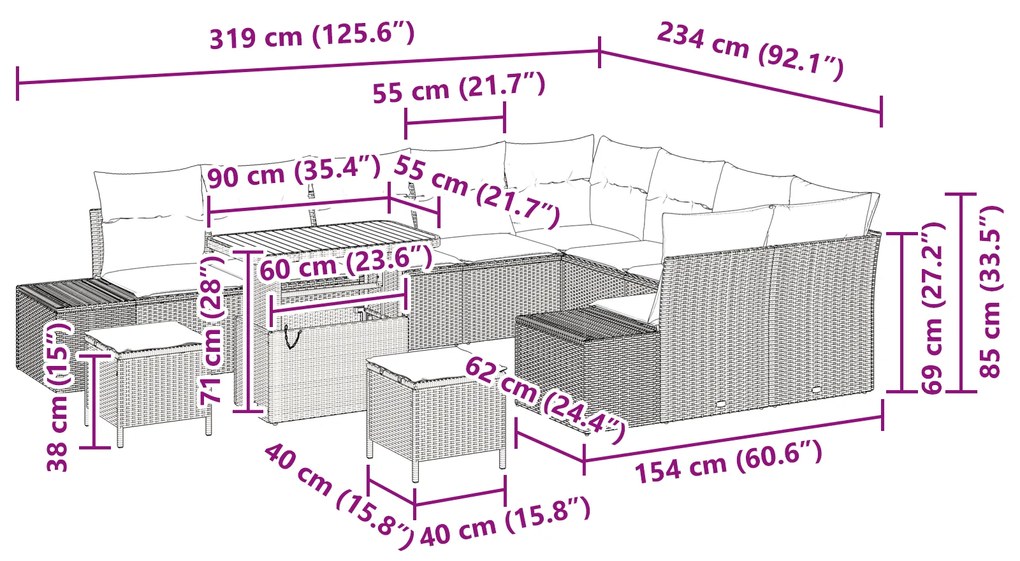 Conjunto de Sofá de Jardim vidaXL com 12 Peças com Almofadas Cinza Rat