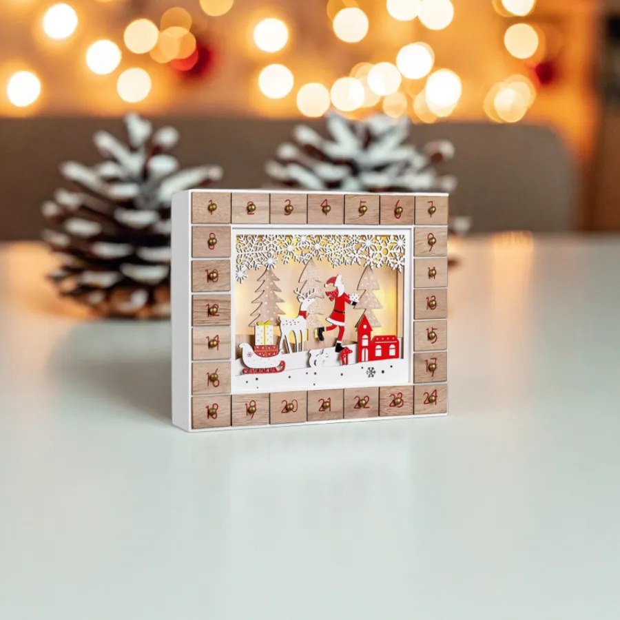 Calendário do Advento Pai Natal em madeira com LED 35 x 6 x 27 cm Branco quente + Castanho