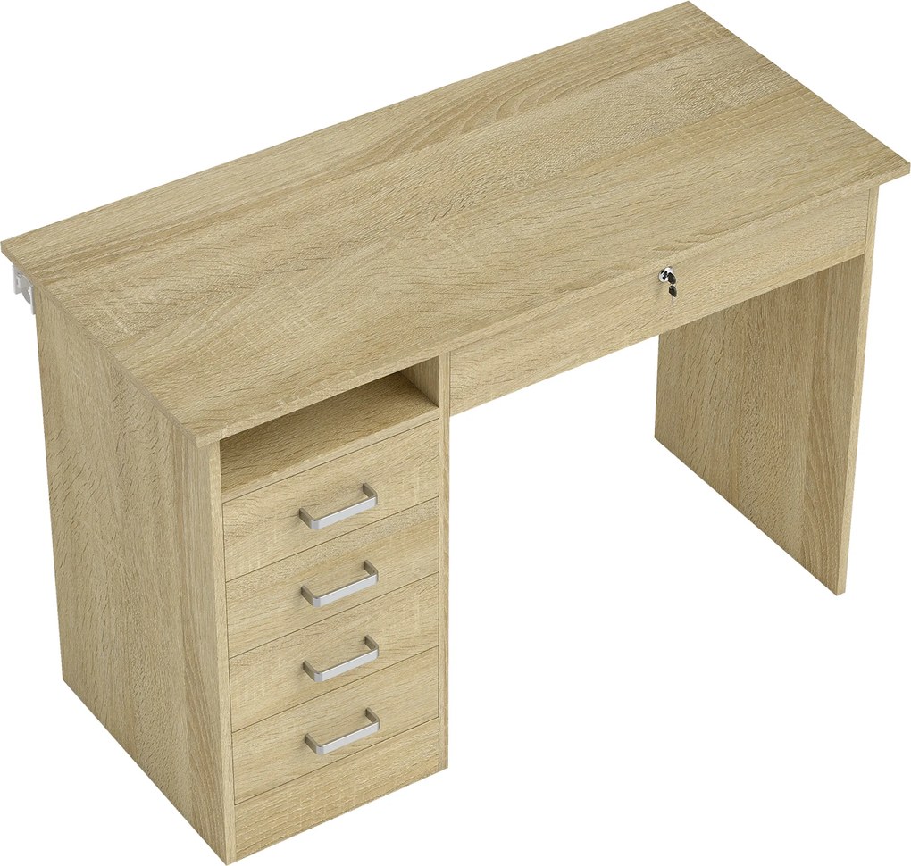 HOMCOM Mesa moderna com 5 gavetas, grande tampo, 1 compartimento aberto, gaveta com fecho, 110 x 50 x 76 cm, carvalho | Aosom Portugal